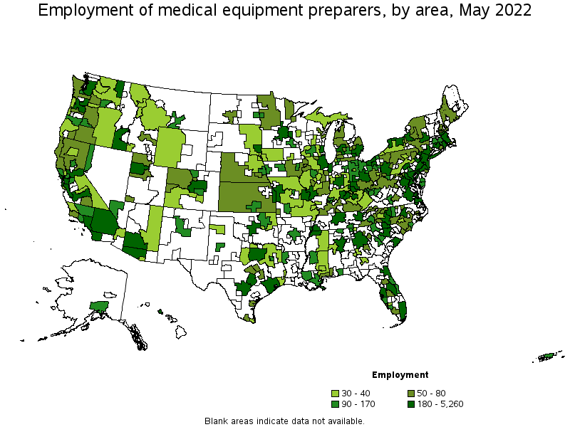 Map of employment of medical equipment preparers by area, May 2022