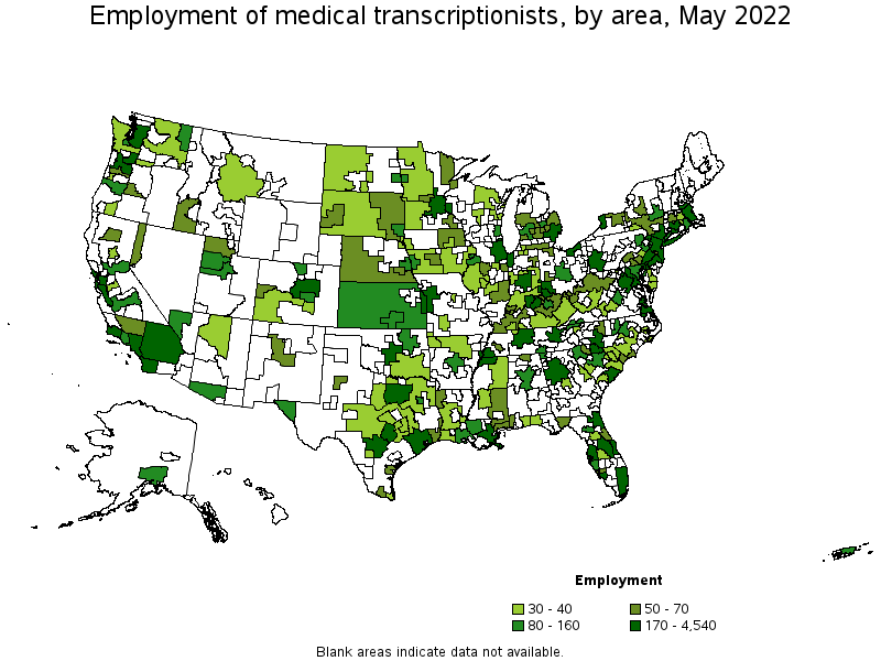 Map of employment of medical transcriptionists by area, May 2022