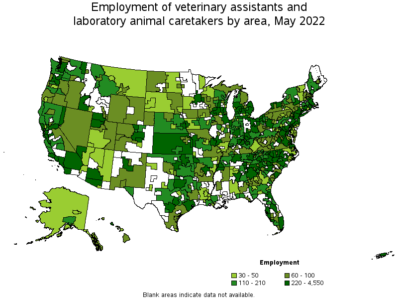 Map of employment of veterinary assistants and laboratory animal caretakers by area, May 2022