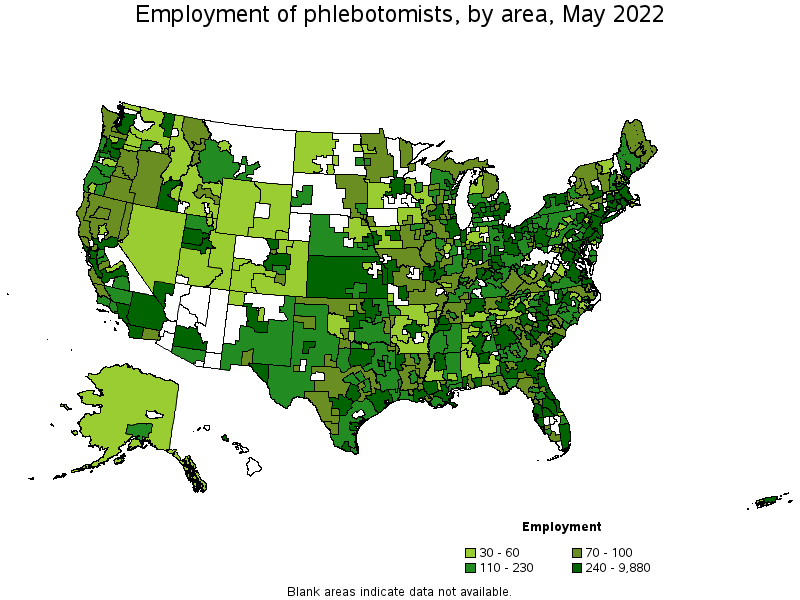 Map of employment of phlebotomists by area, May 2022