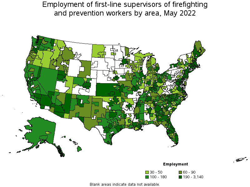 Map of employment of first-line supervisors of firefighting and prevention workers by area, May 2022