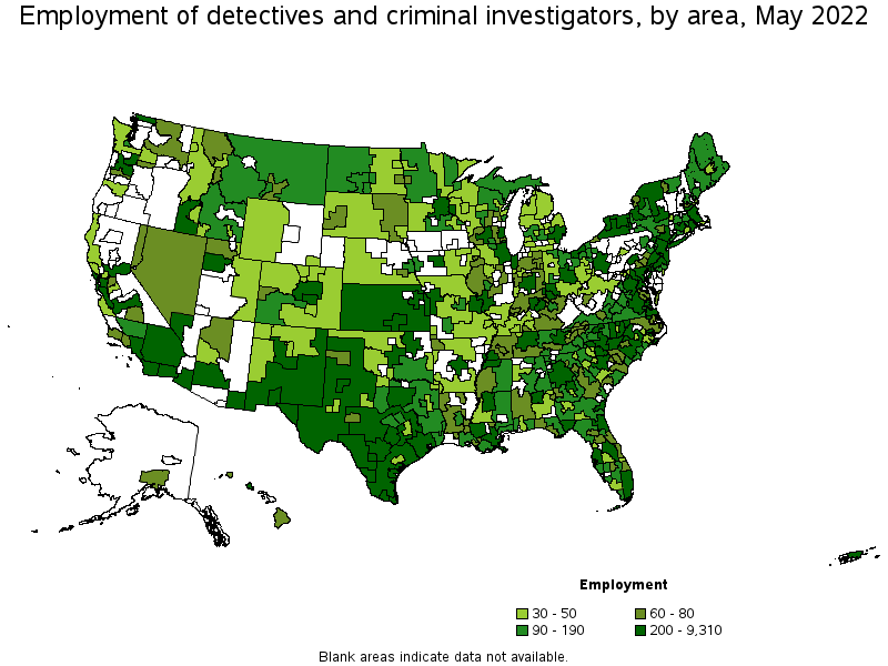 Map of employment of detectives and criminal investigators by area, May 2022