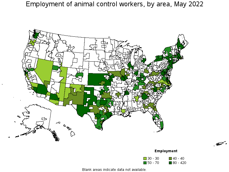 Map of employment of animal control workers by area, May 2022