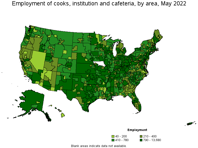 Map of employment of cooks, institution and cafeteria by area, May 2022