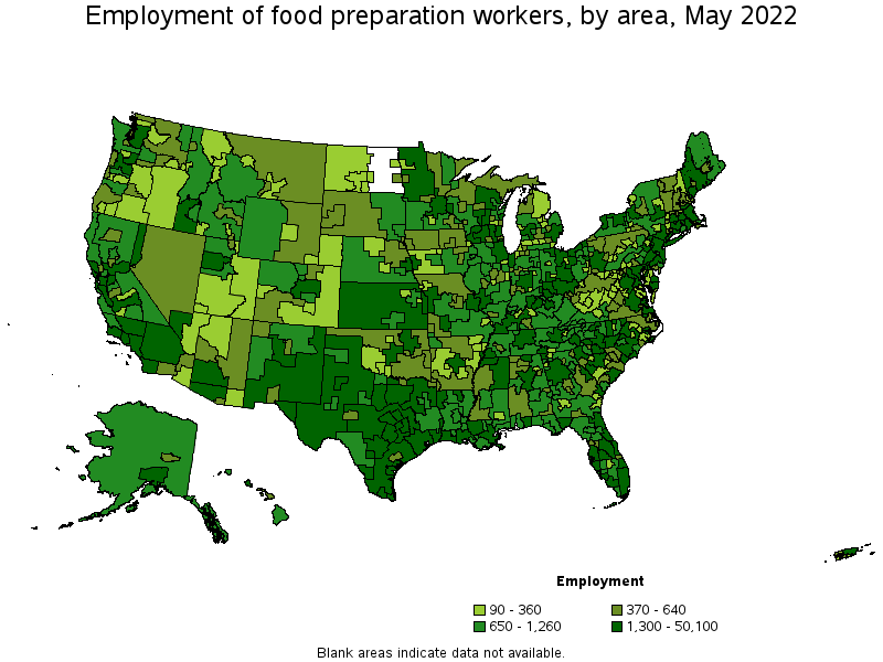 Map of employment of food preparation workers by area, May 2022