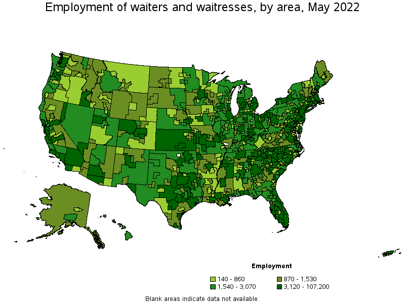 Map of employment of waiters and waitresses by area, May 2022