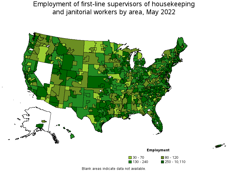 Map of employment of first-line supervisors of housekeeping and janitorial workers by area, May 2022