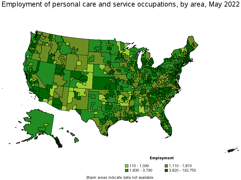 Map of employment of personal care and service occupations by area, May 2022