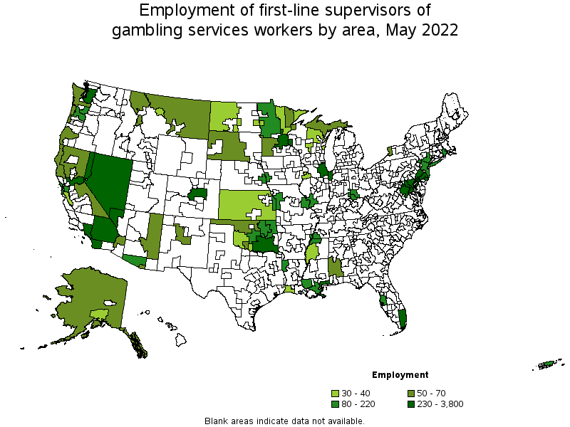 Map of employment of first-line supervisors of gambling services workers by area, May 2022