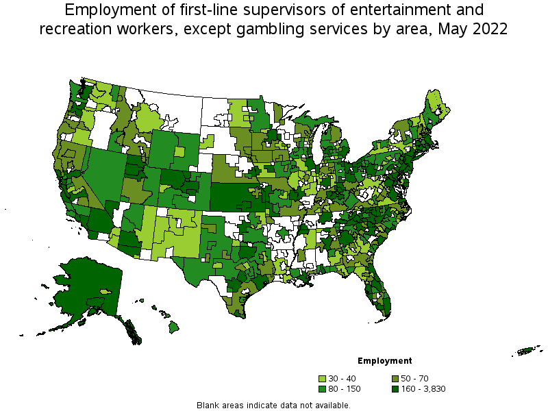 Map of employment of first-line supervisors of entertainment and recreation workers, except gambling services by area, May 2022