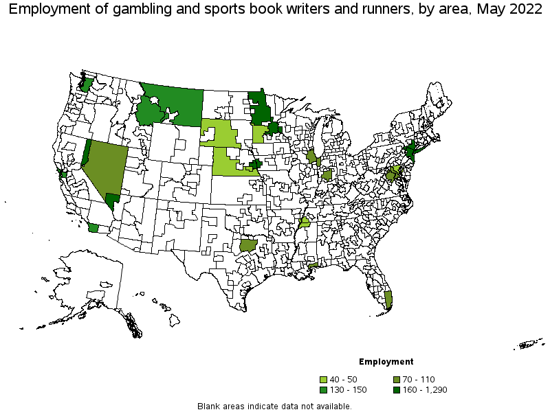 Map of employment of gambling and sports book writers and runners by area, May 2022