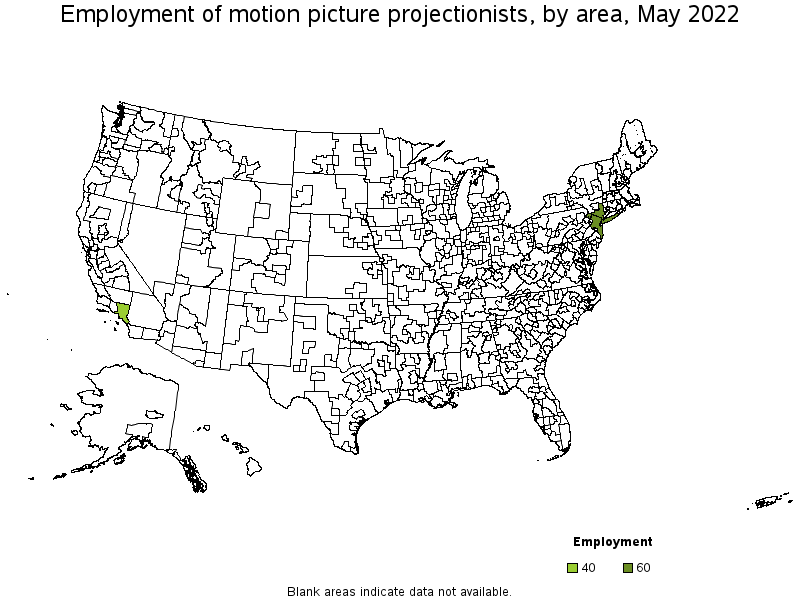 Map of employment of motion picture projectionists by area, May 2022