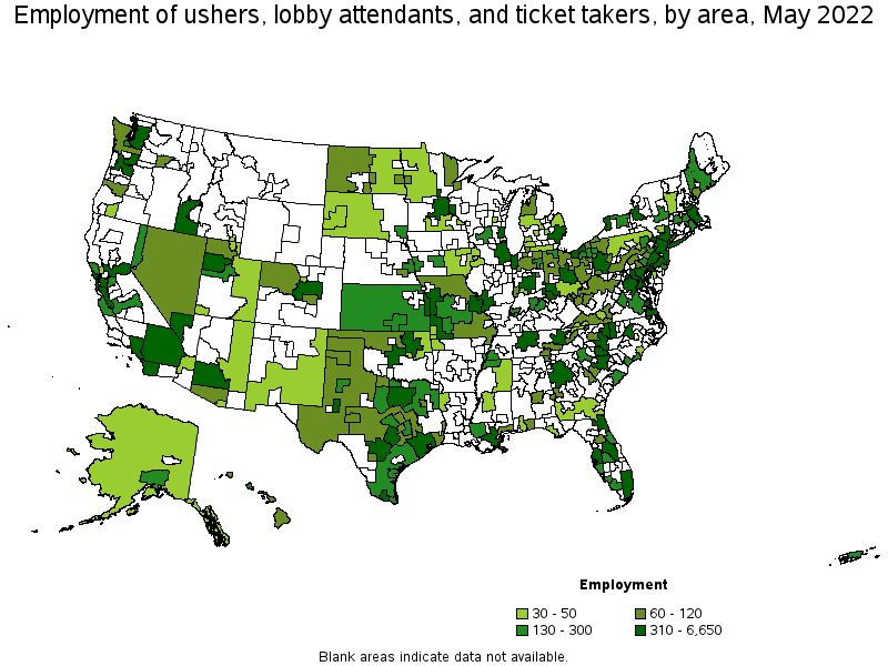 Map of employment of ushers, lobby attendants, and ticket takers by area, May 2022