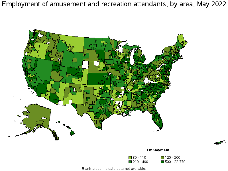 Map of employment of amusement and recreation attendants by area, May 2022