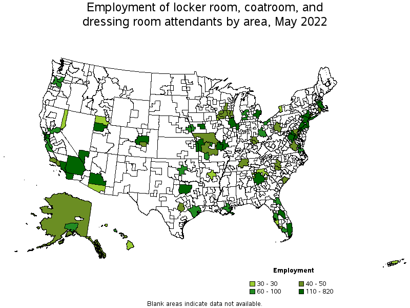 Map of employment of locker room, coatroom, and dressing room attendants by area, May 2022