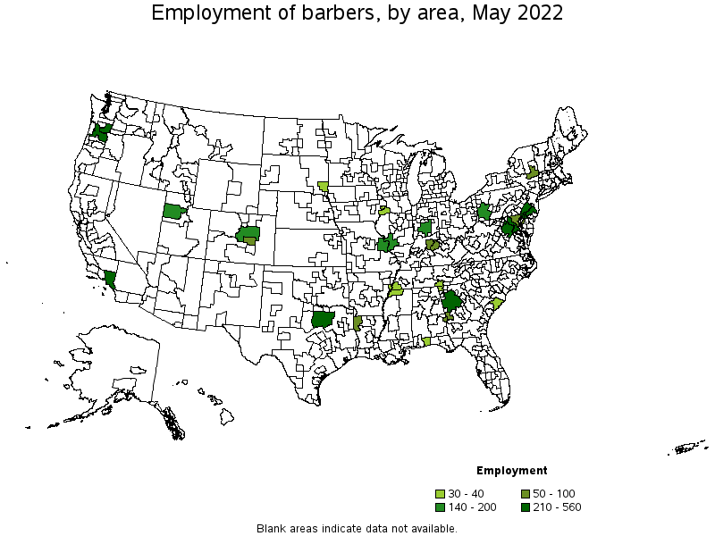 Map of employment of barbers by area, May 2022