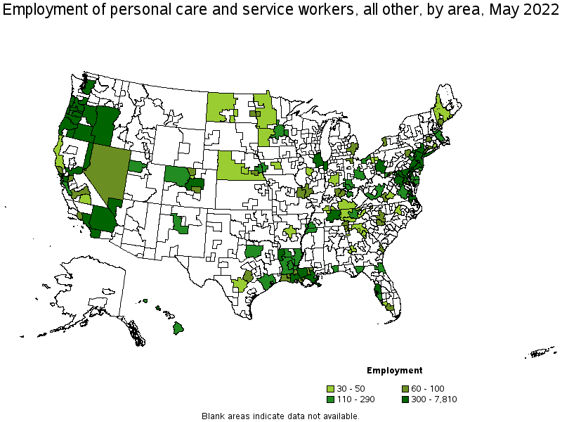 Map of employment of personal care and service workers, all other by area, May 2022