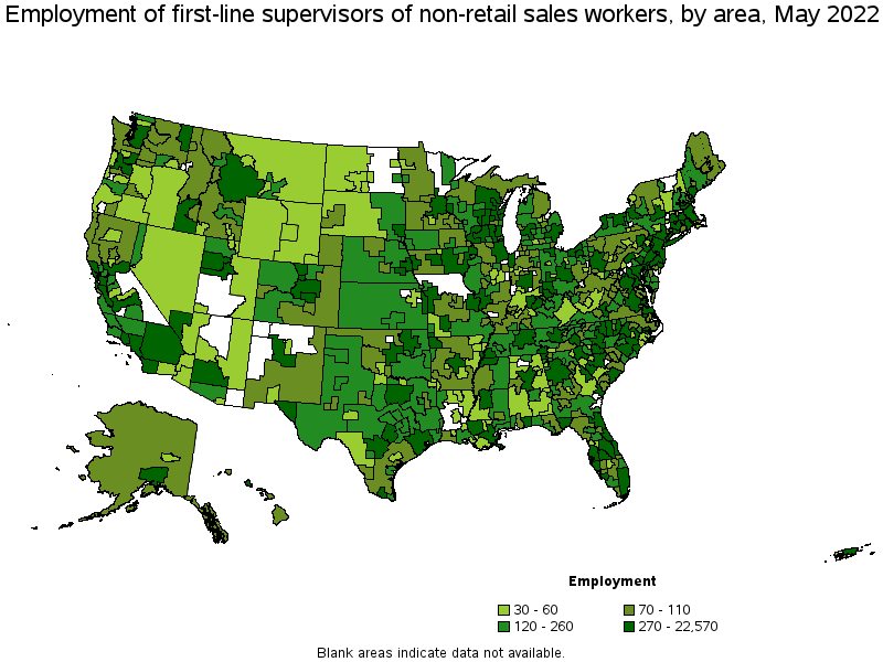 Map of employment of first-line supervisors of non-retail sales workers by area, May 2022