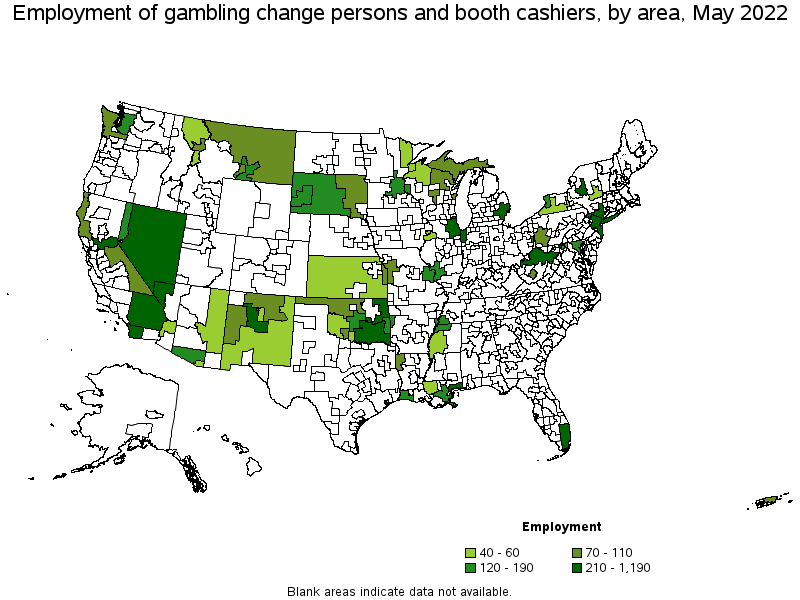 Map of employment of gambling change persons and booth cashiers by area, May 2022