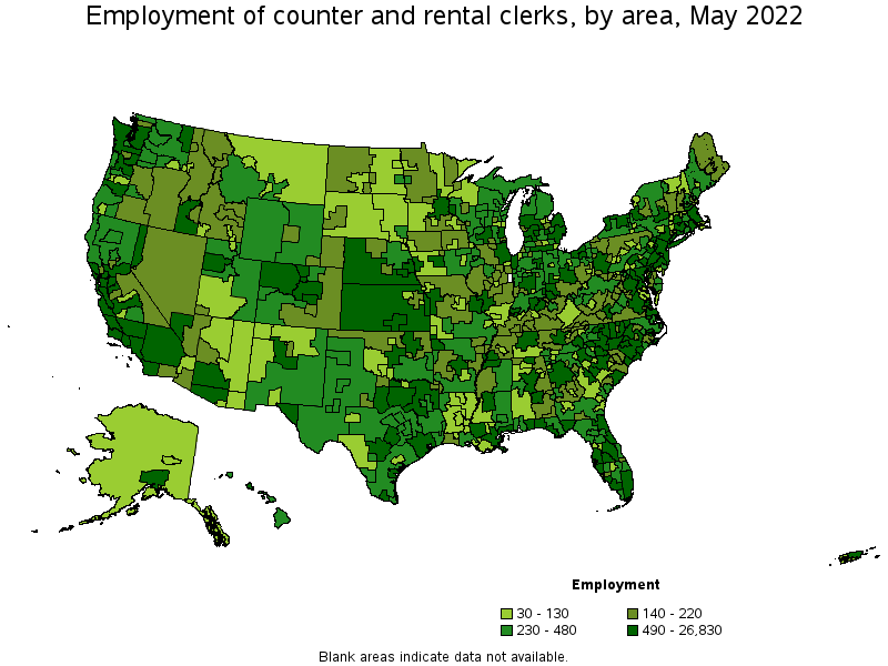 Map of employment of counter and rental clerks by area, May 2022