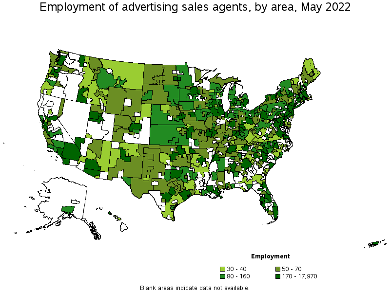 Map of employment of advertising sales agents by area, May 2022