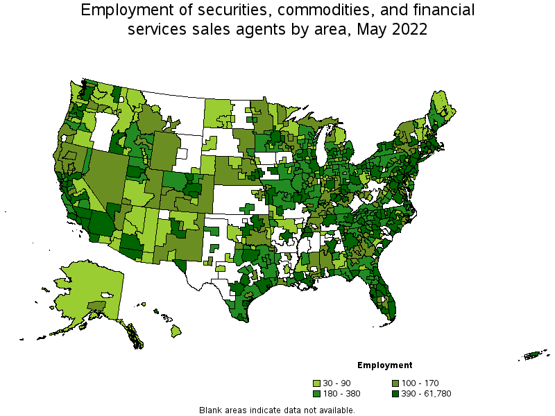 Map of employment of securities, commodities, and financial services sales agents by area, May 2022
