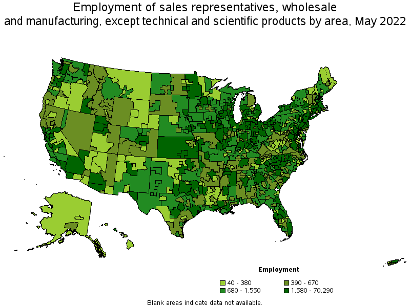 Map of employment of sales representatives, wholesale and manufacturing, except technical and scientific products by area, May 2022