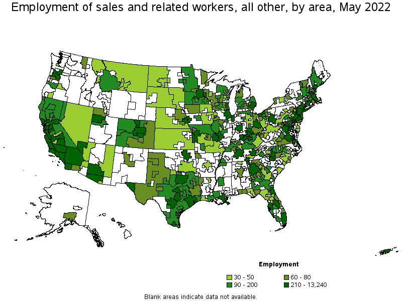 Map of employment of sales and related workers, all other by area, May 2022