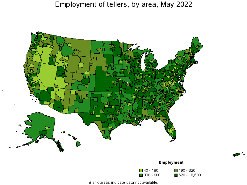 Map of employment of tellers by area, May 2022