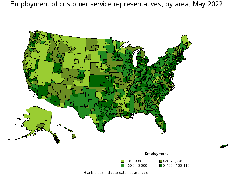 Map of employment of customer service representatives by area, May 2022