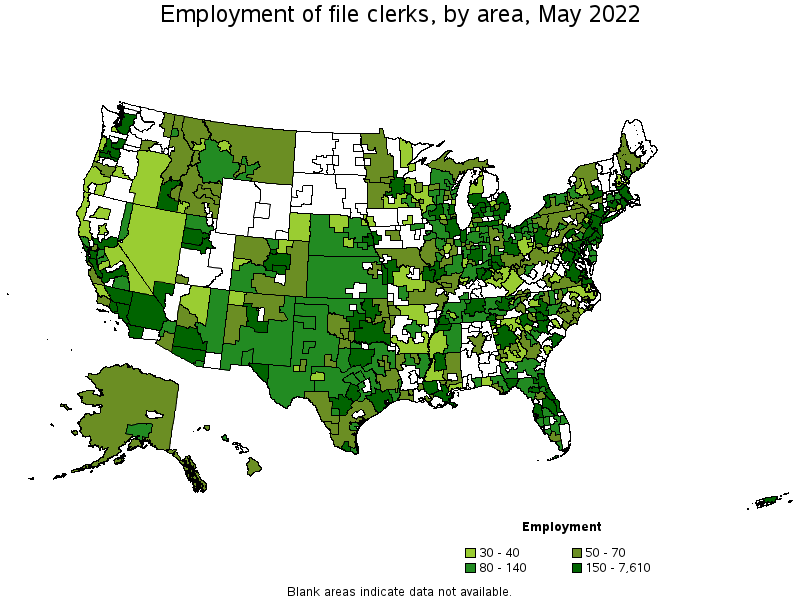 Map of employment of file clerks by area, May 2022