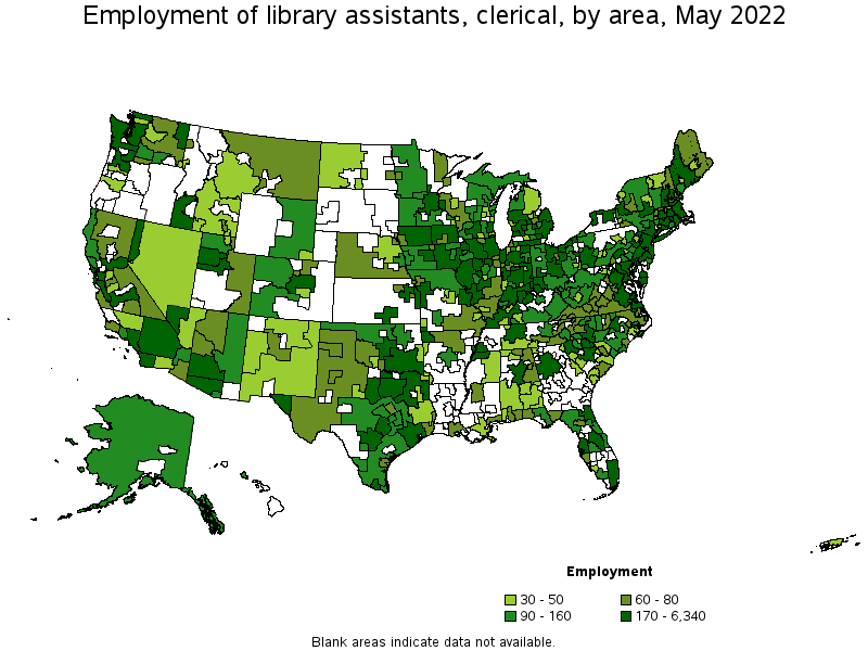Map of employment of library assistants, clerical by area, May 2022