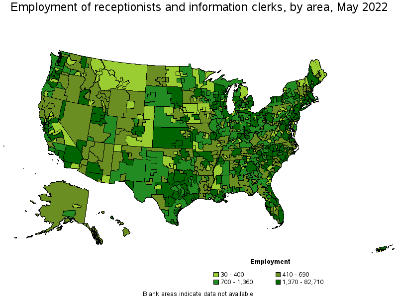 Map of employment of receptionists and information clerks by area, May 2022