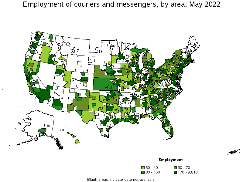 Map of employment of couriers and messengers by area, May 2022