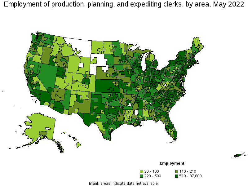Map of employment of production, planning, and expediting clerks by area, May 2022