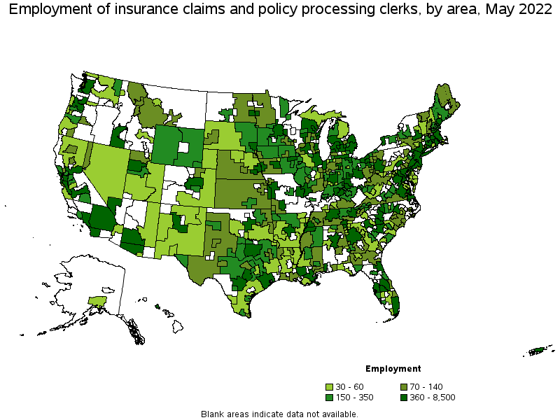 Map of employment of insurance claims and policy processing clerks by area, May 2022