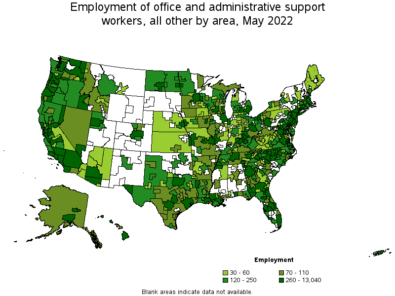 Map of employment of office and administrative support workers, all other by area, May 2022