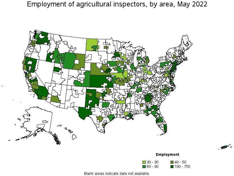 Map of employment of agricultural inspectors by area, May 2022