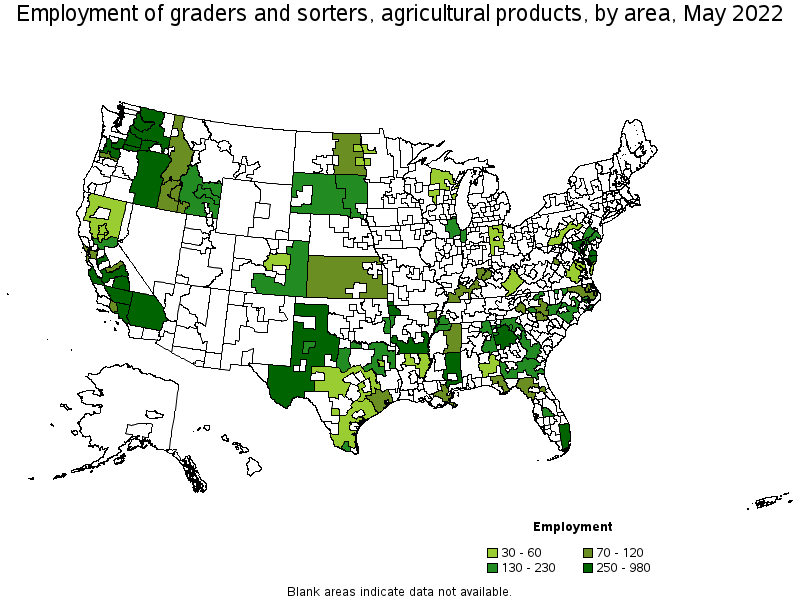 Map of employment of graders and sorters, agricultural products by area, May 2022