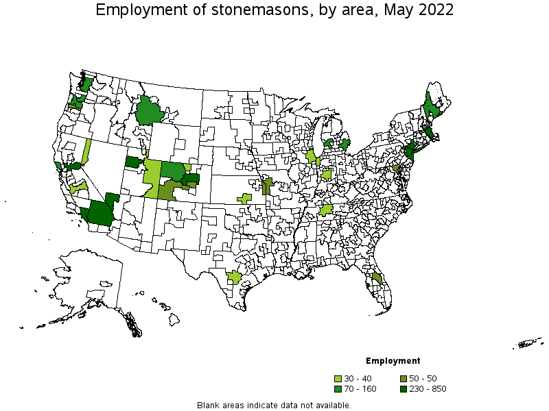 Map of employment of stonemasons by area, May 2022