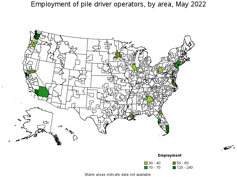 Map of employment of pile driver operators by area, May 2022