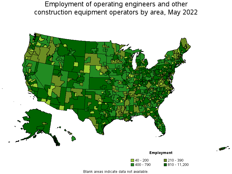 Map of employment of operating engineers and other construction equipment operators by area, May 2022