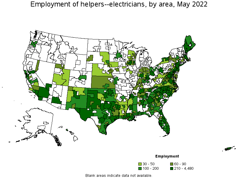 Map of employment of helpers--electricians by area, May 2022