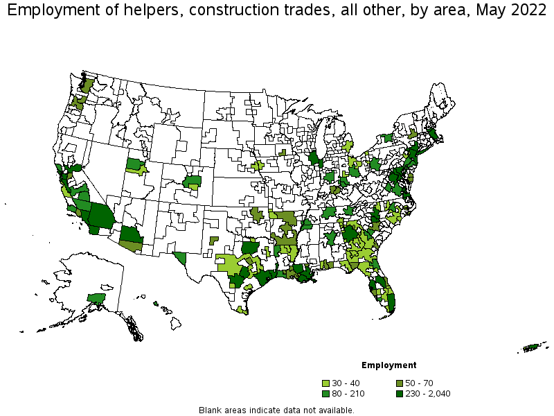 Map of employment of helpers, construction trades, all other by area, May 2022