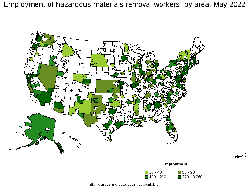 Map of employment of hazardous materials removal workers by area, May 2022