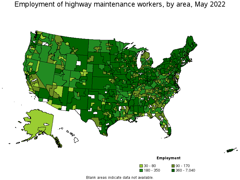 Map of employment of highway maintenance workers by area, May 2022