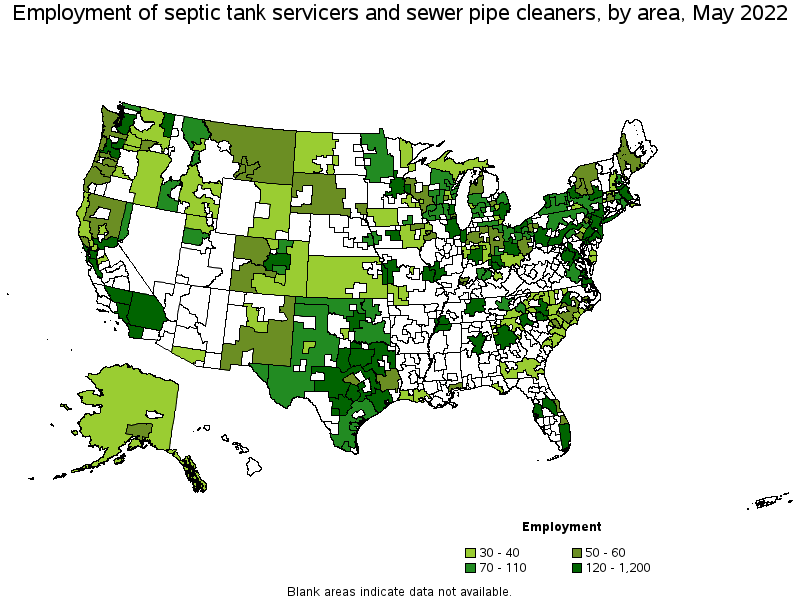 Map of employment of septic tank servicers and sewer pipe cleaners by area, May 2022