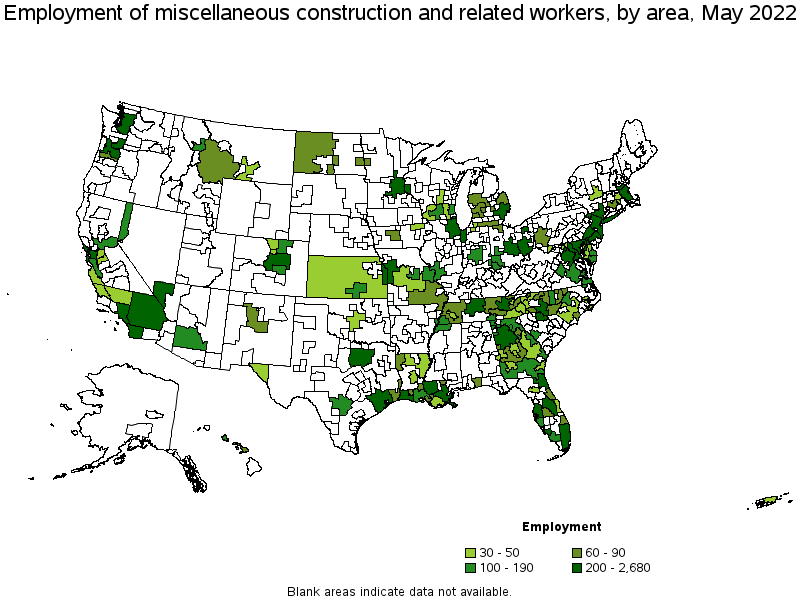 Map of employment of miscellaneous construction and related workers by area, May 2022