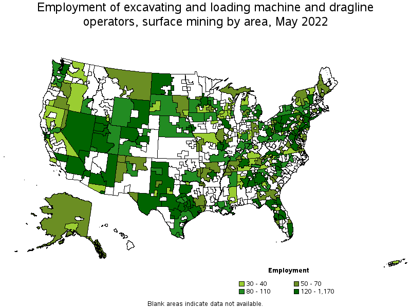 Map of employment of excavating and loading machine and dragline operators, surface mining by area, May 2022