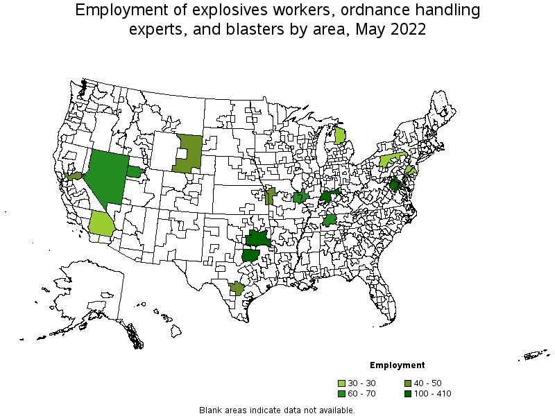 Map of employment of explosives workers, ordnance handling experts, and blasters by area, May 2022